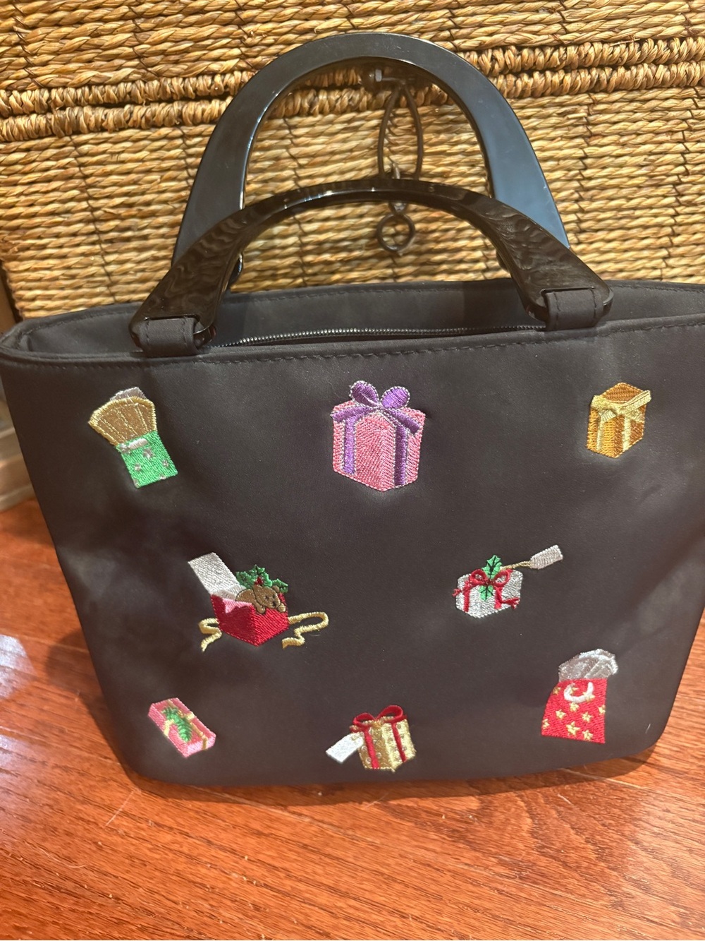 Kim Rogers Black Tote with Multicolor Embroidered Gift Motifs